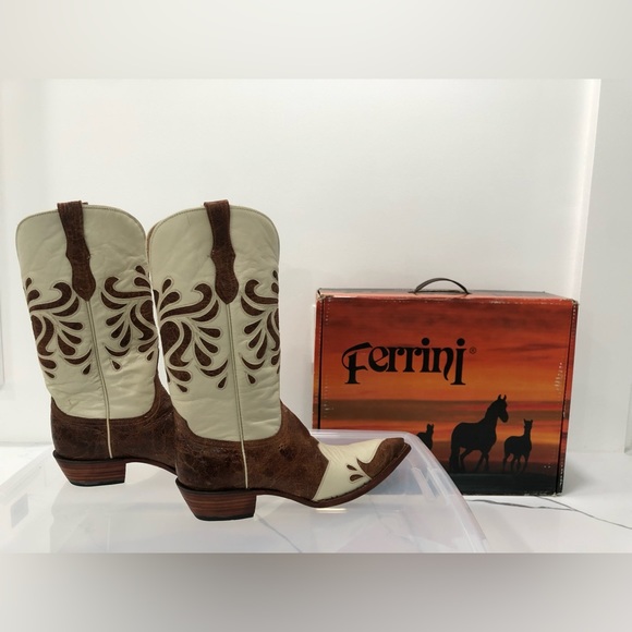 Ferrini Leather Cowboy Western Boots - NEVER WORN - Cream & Brown - 9.5 - Picture 5 of 10